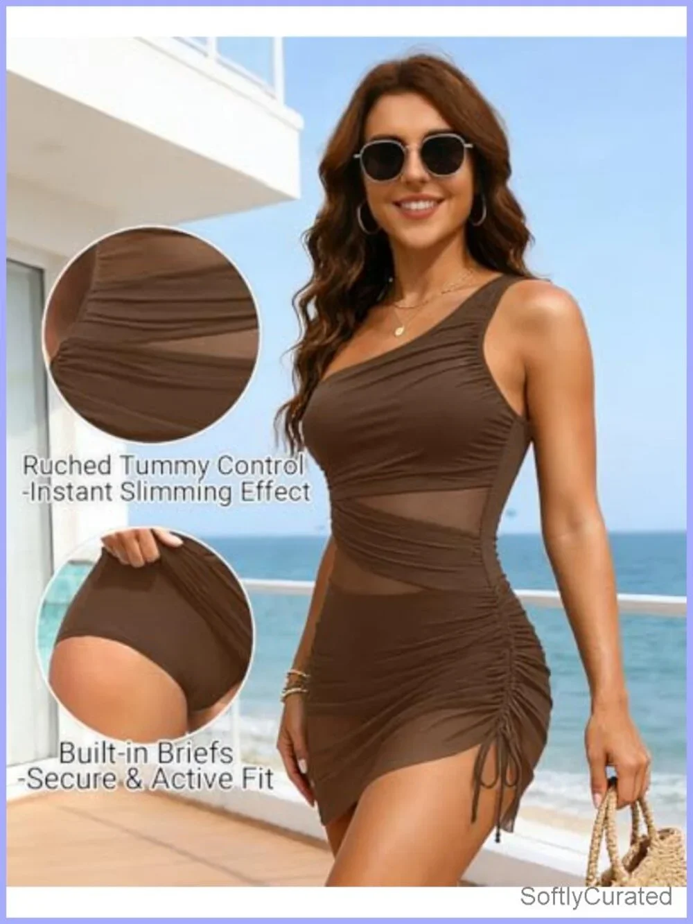 Women One Piece Swim Dress Tummy Control One Shoulder Mesh Cutout Bathing Suit